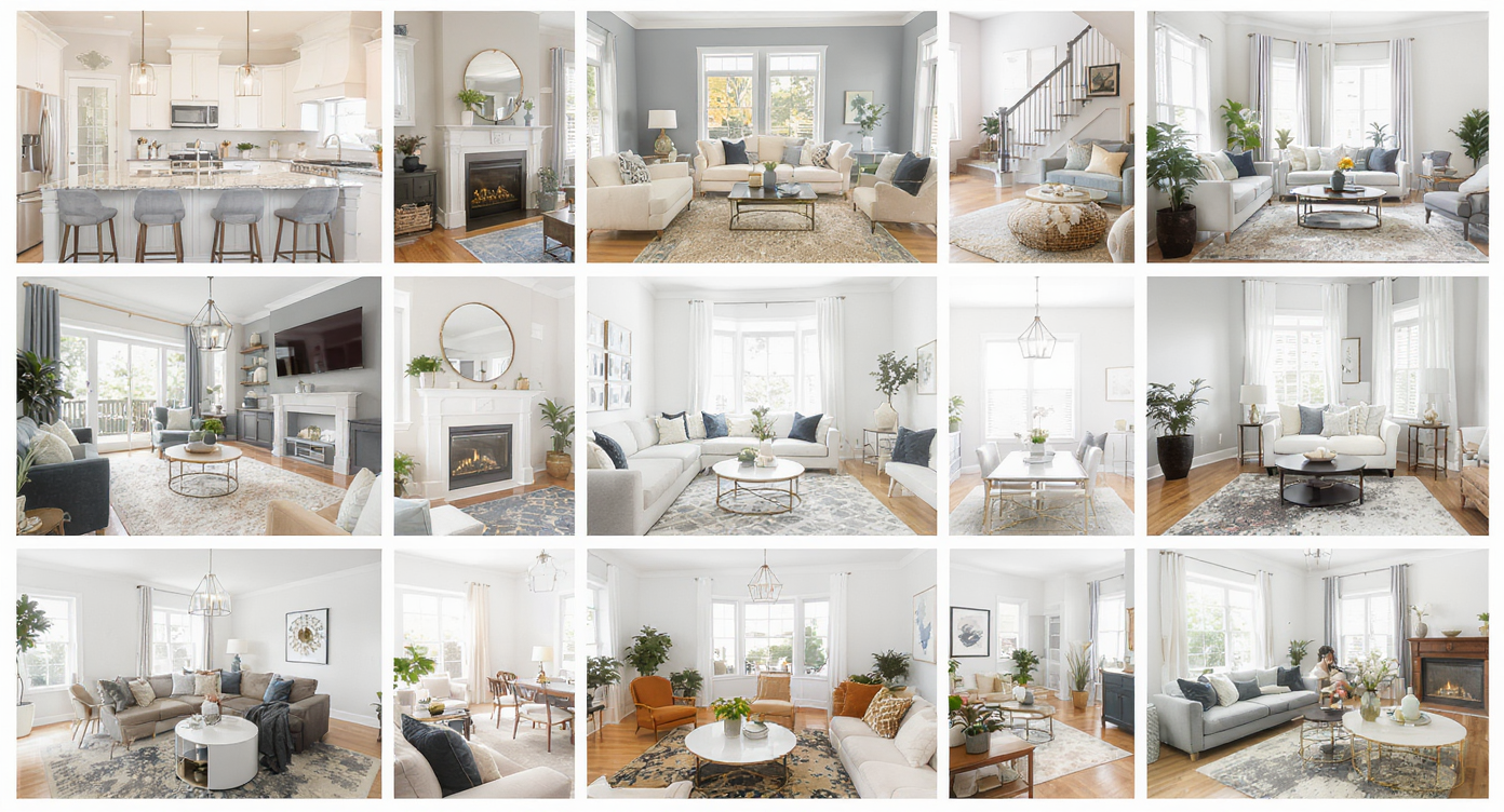 Collage of high-quality real estate listing photos showcasing different inviting interiors and stylish decor.