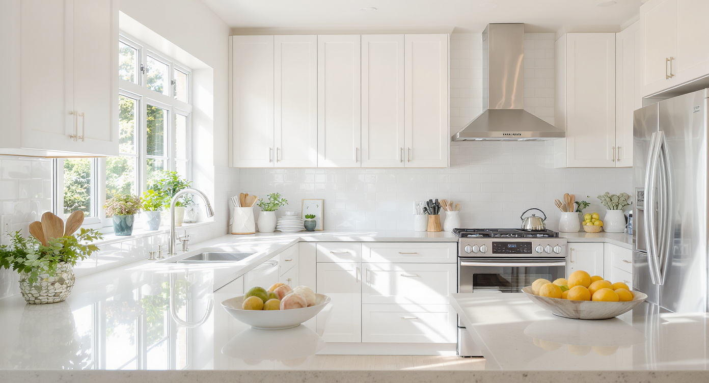 Bright kitchen filled with natural sunlight, showcasing modern appliances and a welcoming atmosphere.