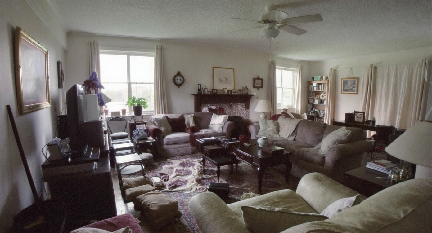 Living room photo showing exaggerated perspectives due to wide-angle lens distortion, feeling cluttered and uninviting.