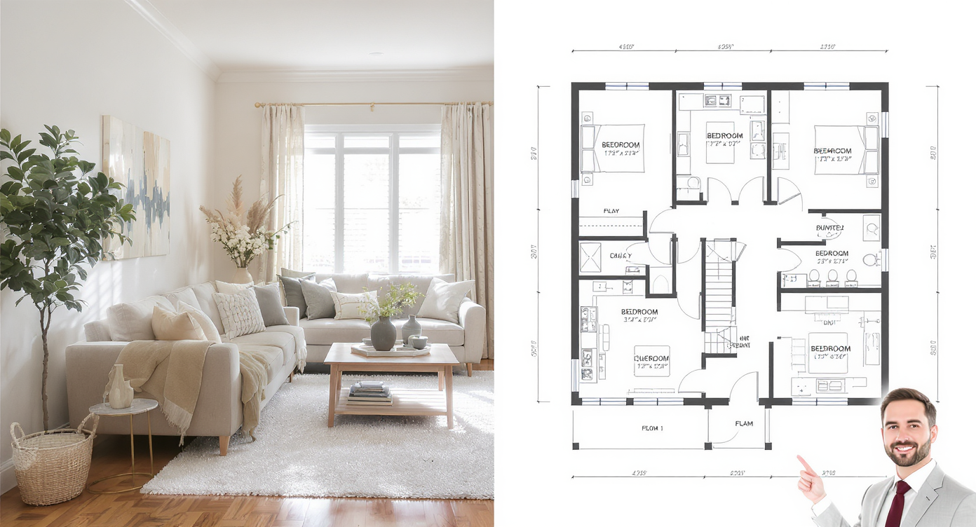 Cozy living room next to an illustrated floor plan, showing the layout and spatial flow of the area.