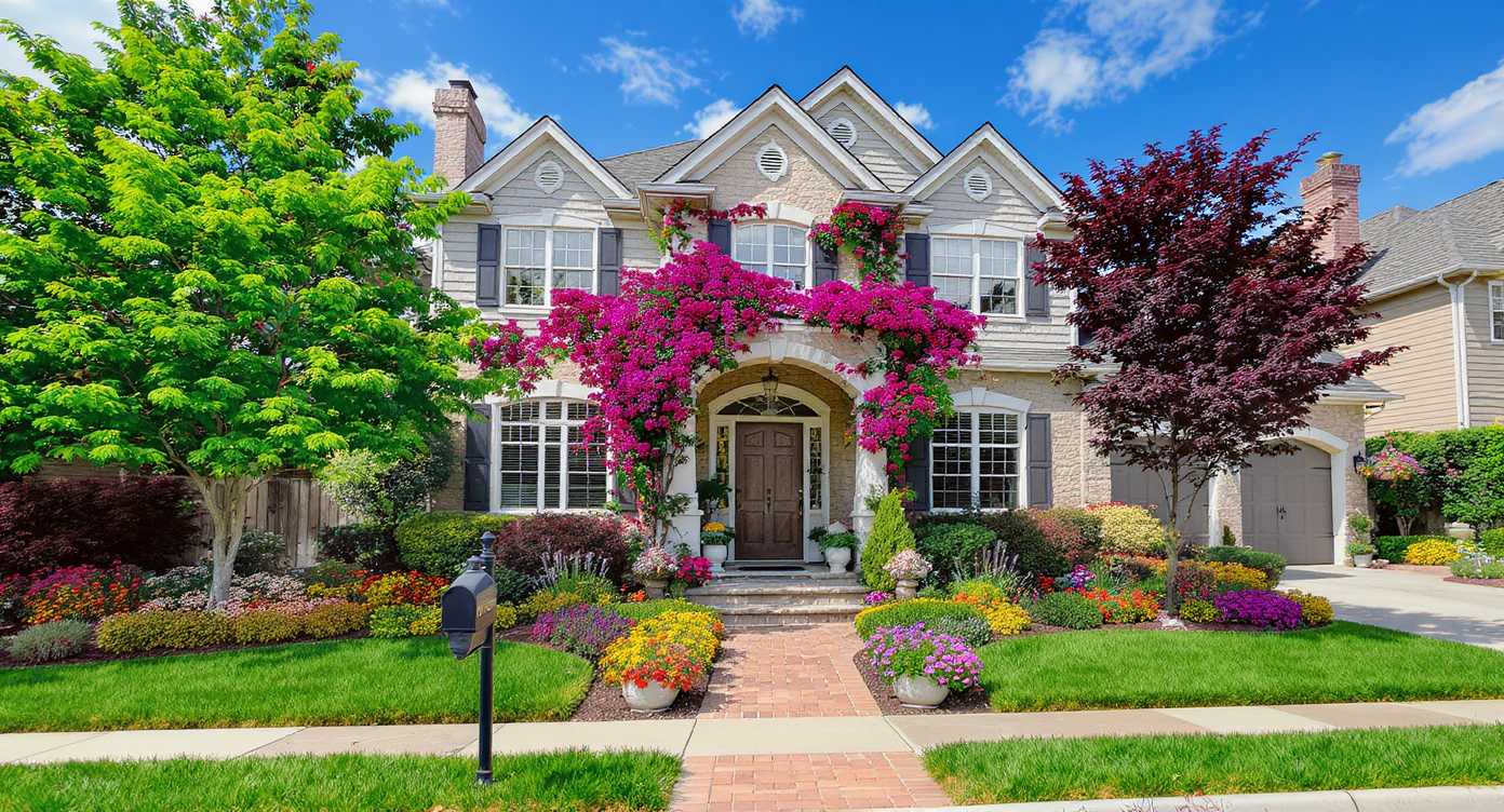 Beautifully landscaped home exterior photo with questionable editing leading to a disconnection from real surroundings.