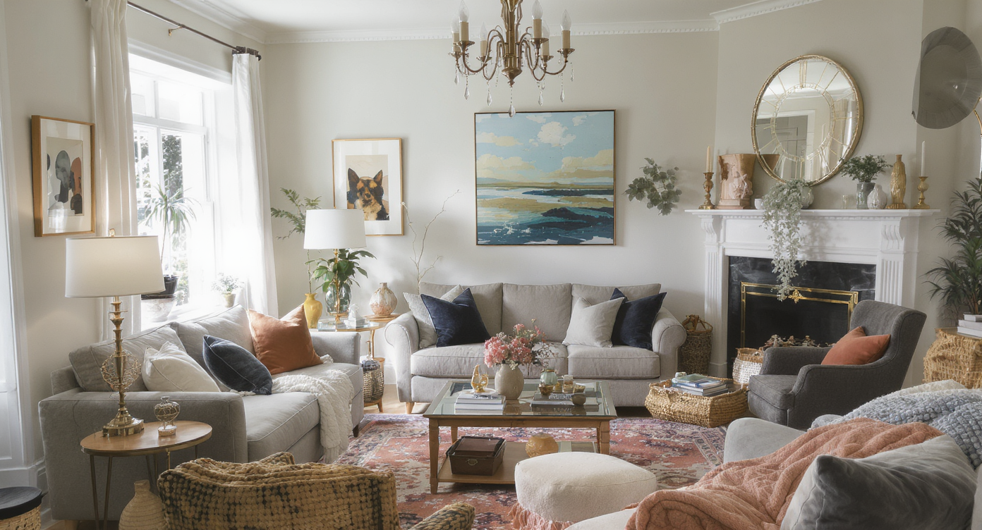 Overly staged living room with mismatched decor and awkwardly placed accessories that feel unrealistic.