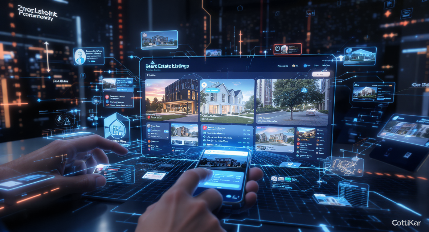 Futuristic digital representation of real estate listings using augmented reality technology.
