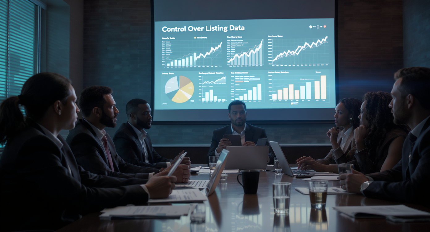Real estate professionals analyzing data and discussing ownership control at a meeting.