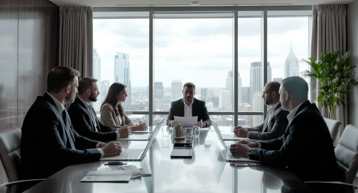Executives strategizing in a sleek boardroom with a view of the city skyline.