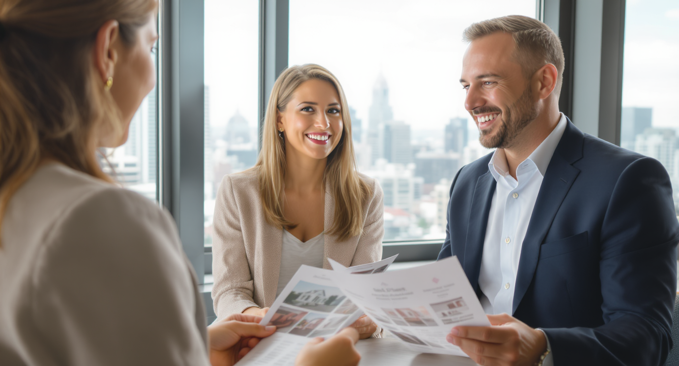 Real estate agent discussing listings with clients in a modern office overlooking a cityscape.