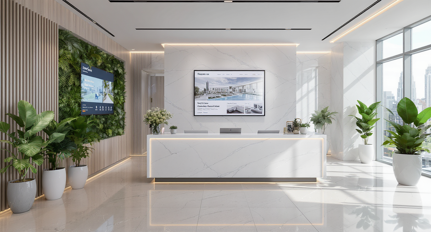 Modern real estate office with sleek furniture, natural light, and digital property displays.