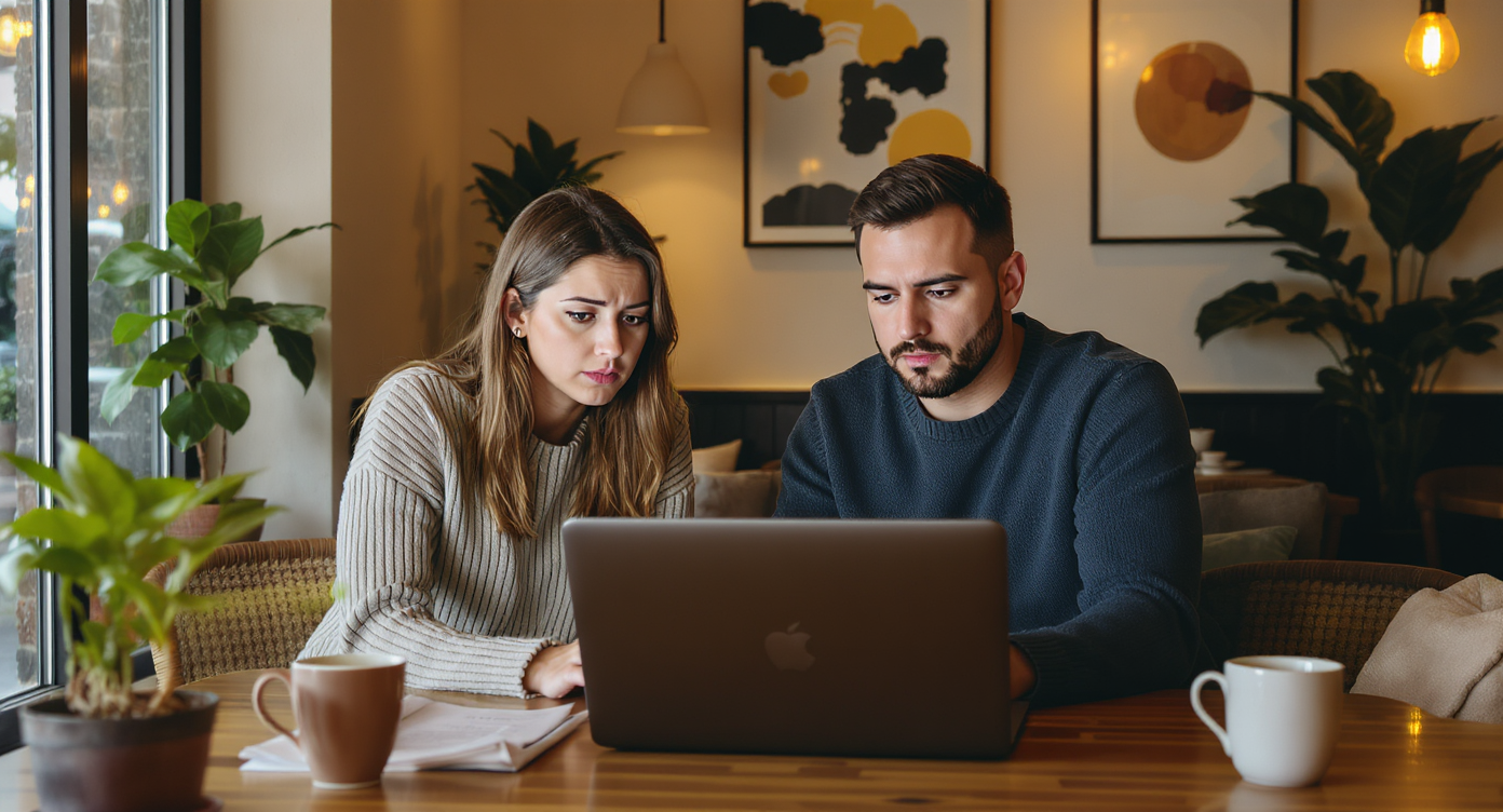 Couple discussing real estate listings on a laptop in a cozy cafe setting.