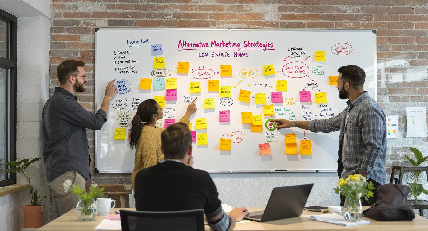 Real estate team collaborating on marketing strategies in a lively office space.