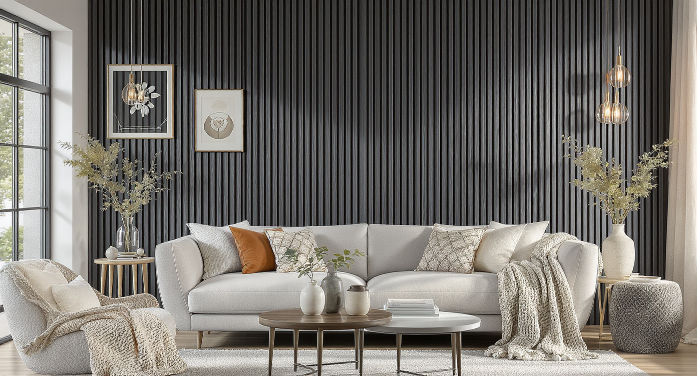 A stylish living room with a black oak slat panel wall, decorated with complementary art and comfortable textiles.