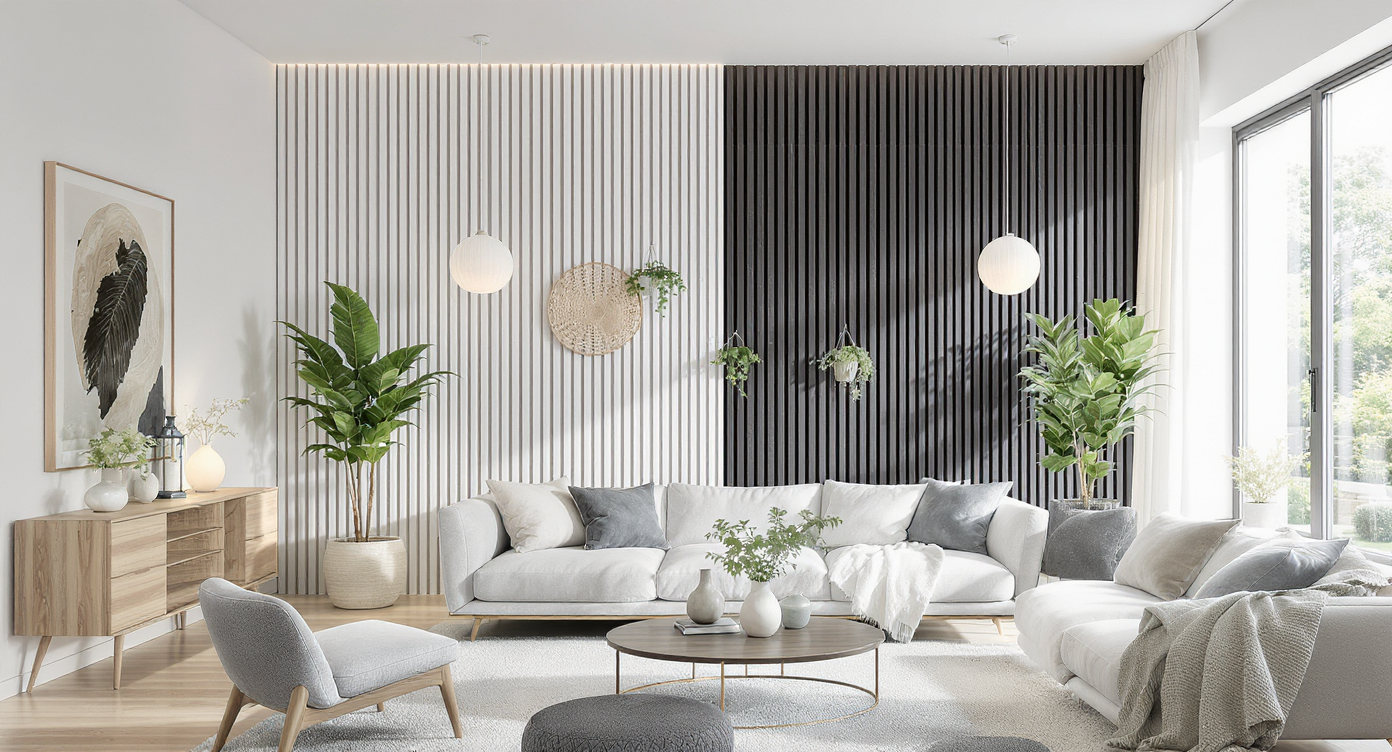 A modern living room with a stylish slat panel wall in white and black oak, bright and airy with contemporary decor.