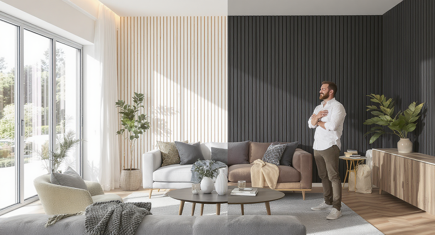 An interior designer assessing lighting and room size while examining white and black oak slat panels in a cozy space.