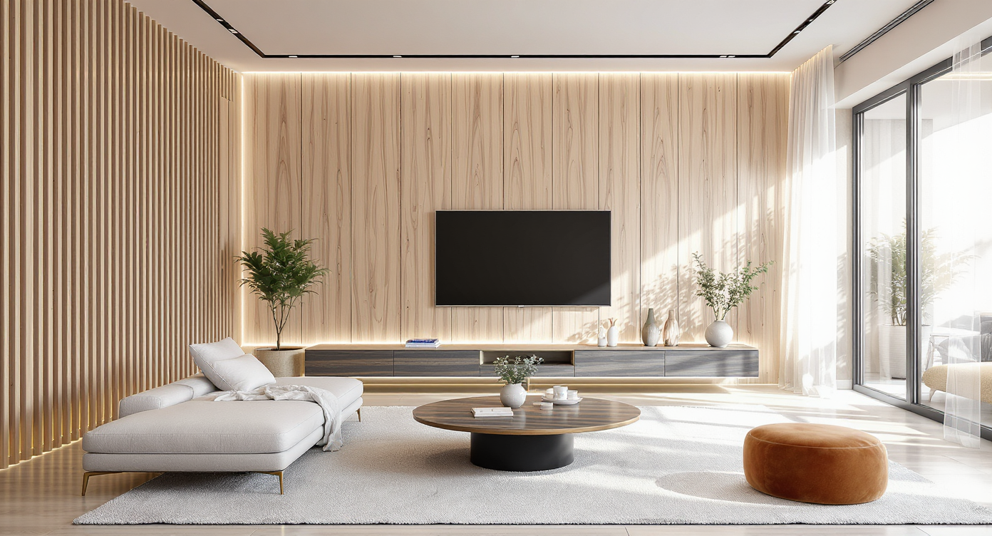 A modern living room featuring a white oak slat panel wall with smart home technology and adaptable furniture design.