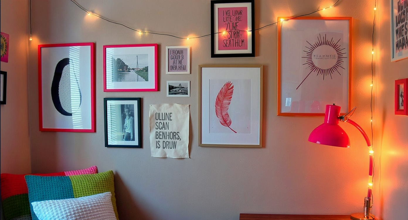 A creatively decorated wall in a dorm room featuring various types of art and string lights.