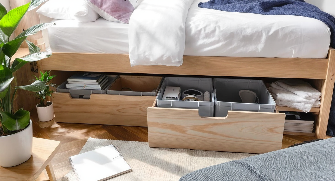An organized dorm room with under-bed storage and multifunctional furniture for maximizing space.