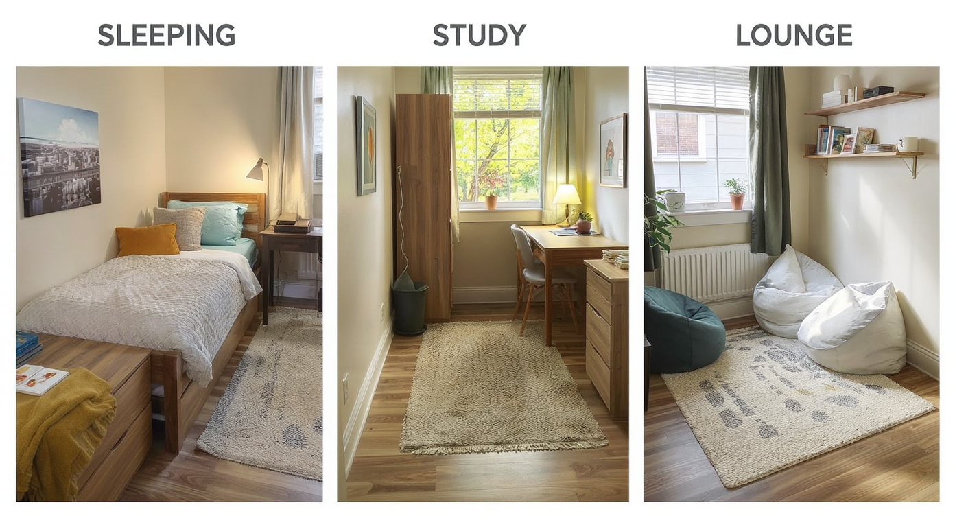 Defined functional zones in a dorm room for sleeping, studying, and lounging.