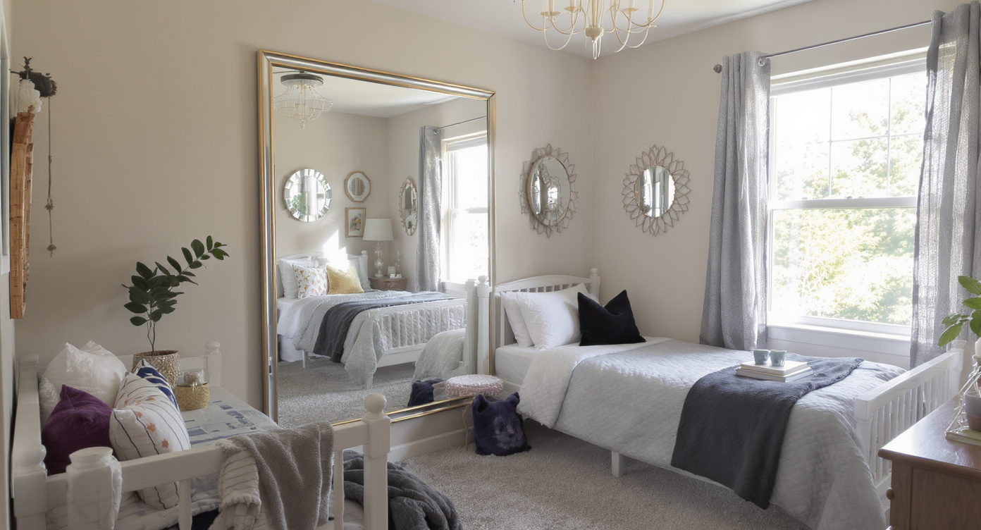 Mirrors strategically placed in a dorm room to create the illusion of more space.