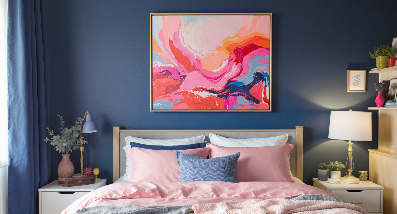 Colorful artwork above a bed in a dorm room, setting a cohesive color palette.