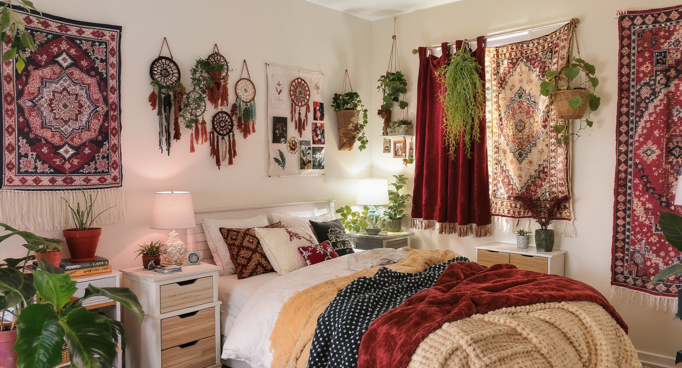 A dorm room reflecting bohemian style with personal decor elements, colorful bedding, and plants.