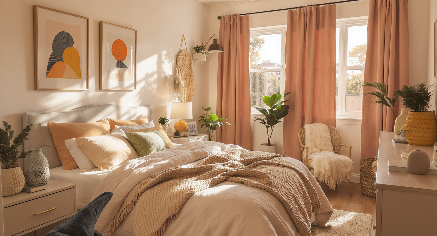 A cozy and stylish dorm room showcasing a bed with colorful artwork and decorative elements.