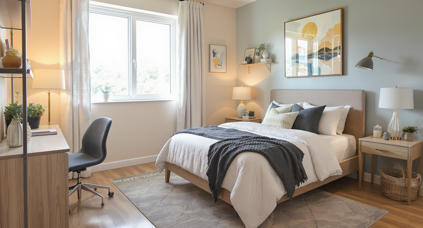 An organized dorm room with plush bedding, decorative pillows, and a stylish study area.