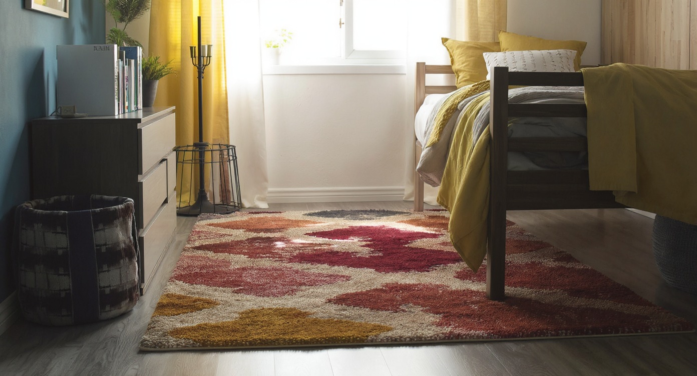 A stylish area rug and curtains in a dorm room enhancing comfort and decor.