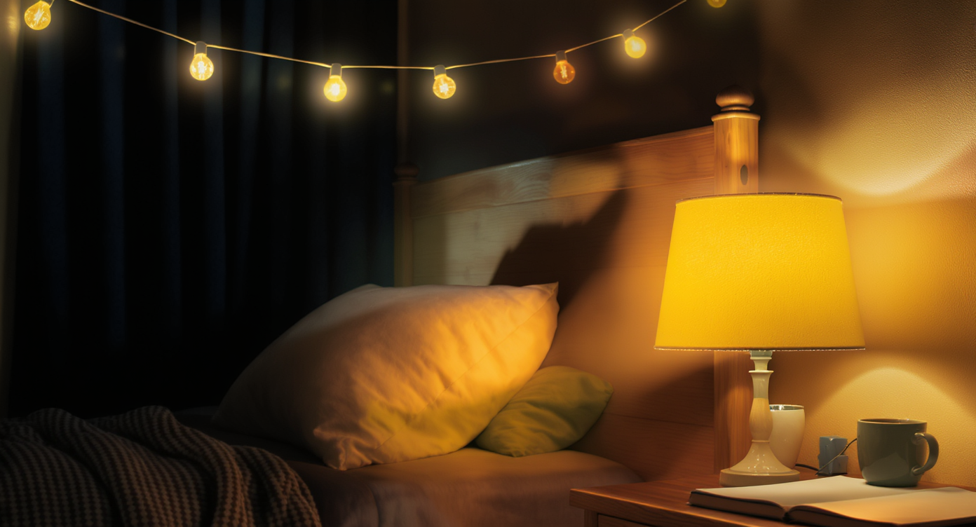 Layered lighting solutions in a dorm room creating a warm and inviting atmosphere.