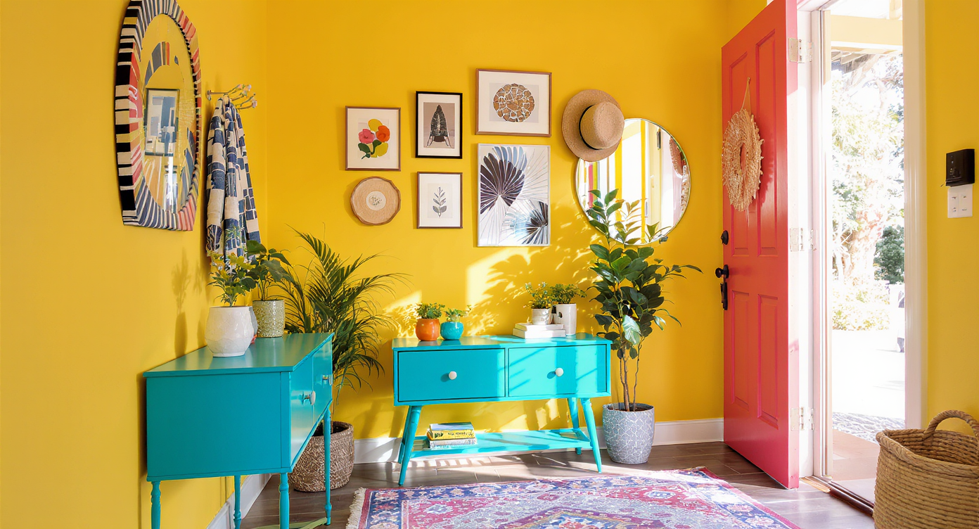 Small entryway with vibrant colors including yellow walls and blue console table, accented by plants.