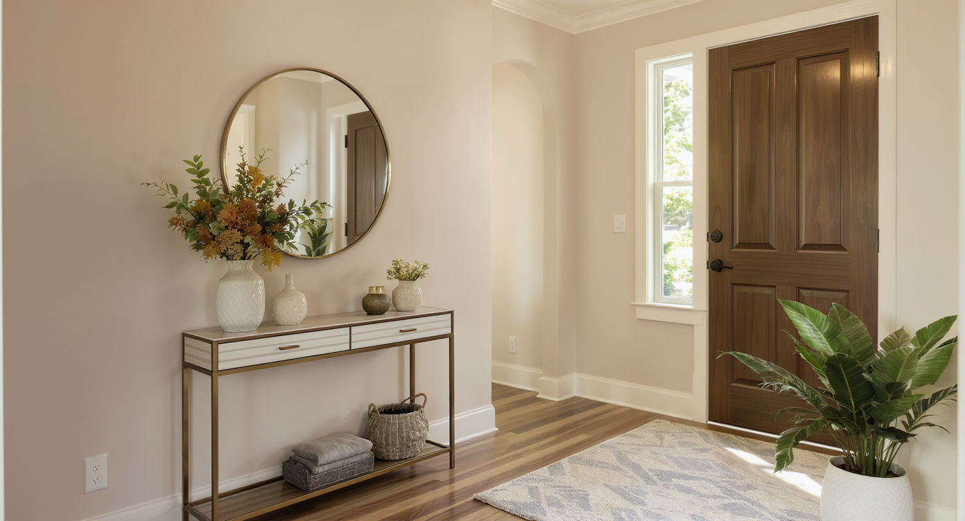 Bright and inviting entryway with a console table, flowers, and a mirror reflecting warm light.