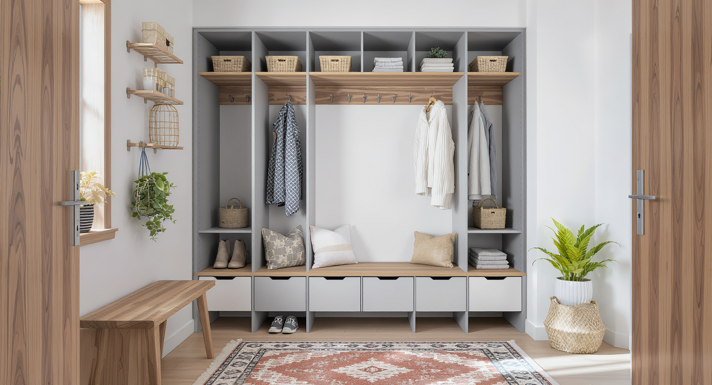 Modern entryway with minimalistic storage solutions and warm gray tones, exuding functionality.