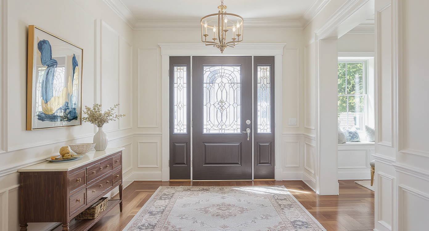 Elegant entryway with decorative molding and stylish chandelier, portraying sophistication.