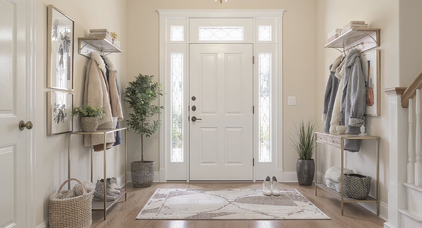 Elegant and cozy entryway with a coat stand, footwear storage, and decorative arts.