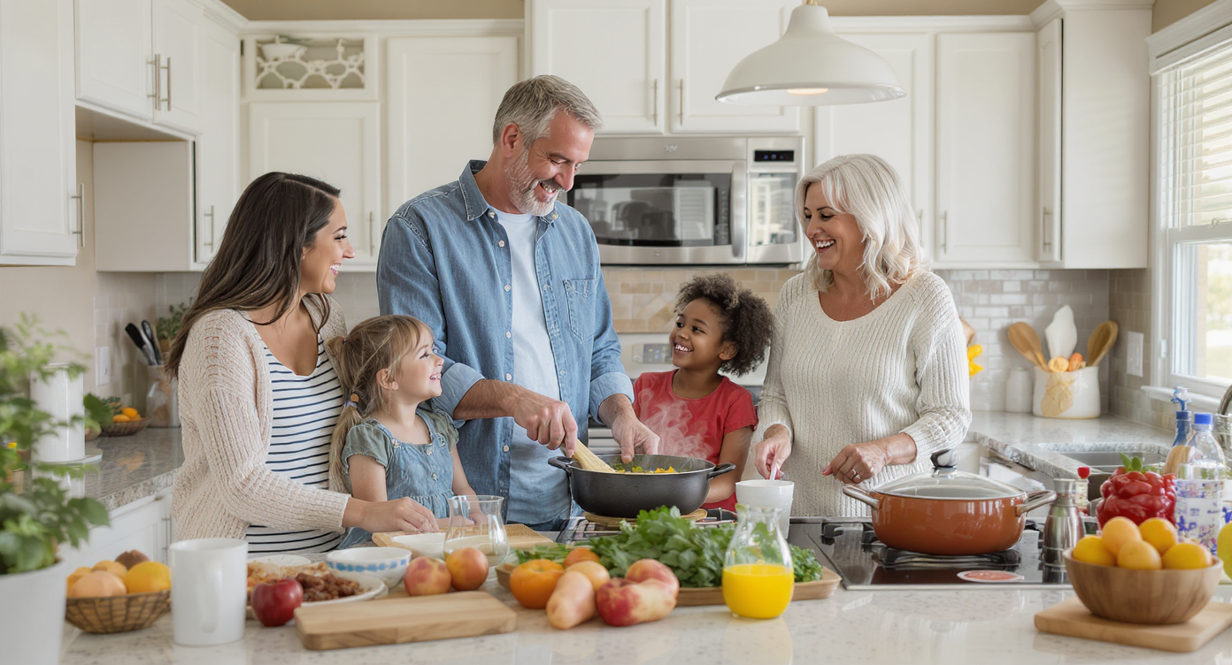 Family enjoying quality time in a vibrant, spacious manufactured home, highlighting lifestyle benefits.