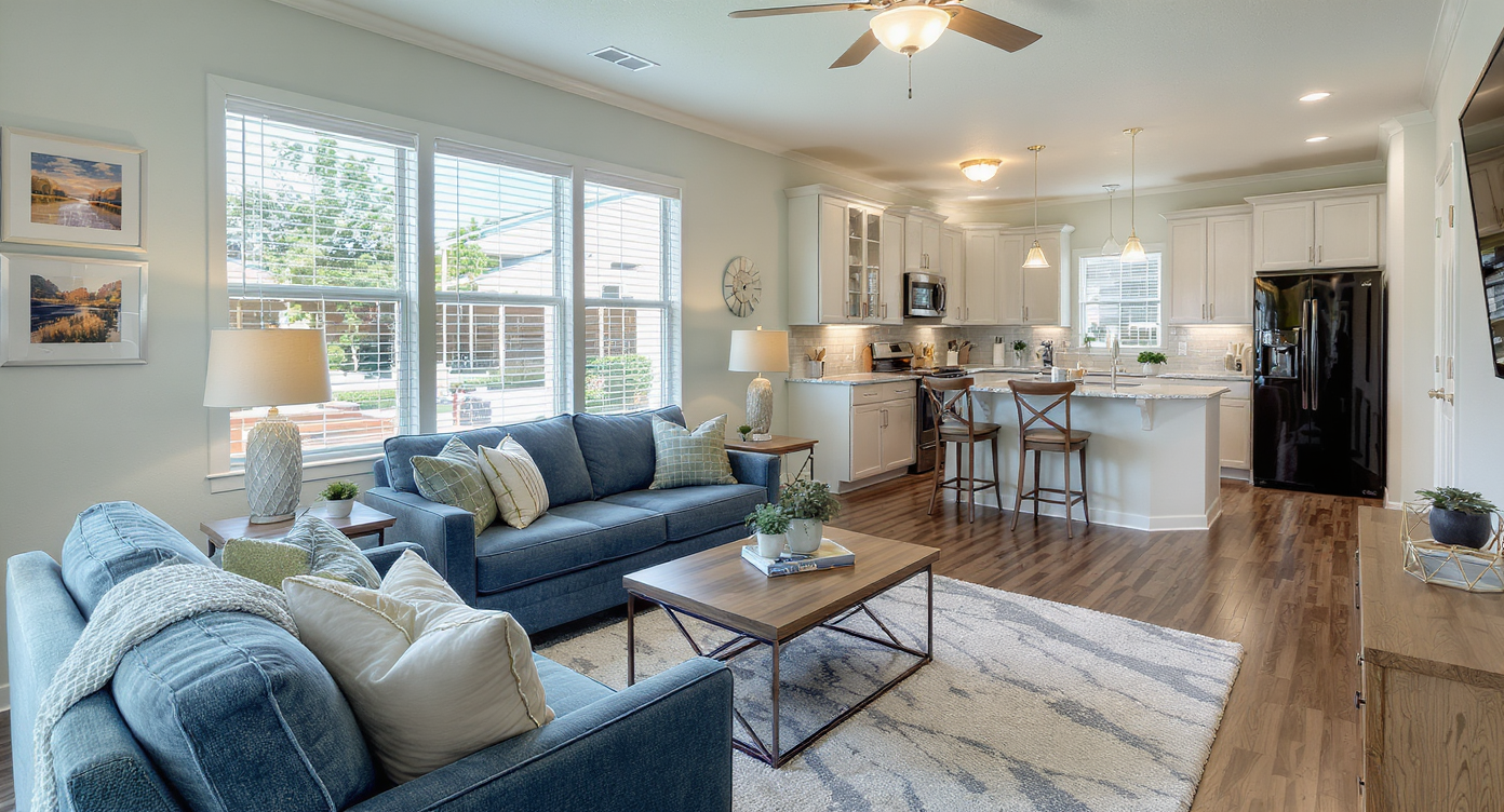 A stylish interior of a manufactured home showing an open and inviting layout.