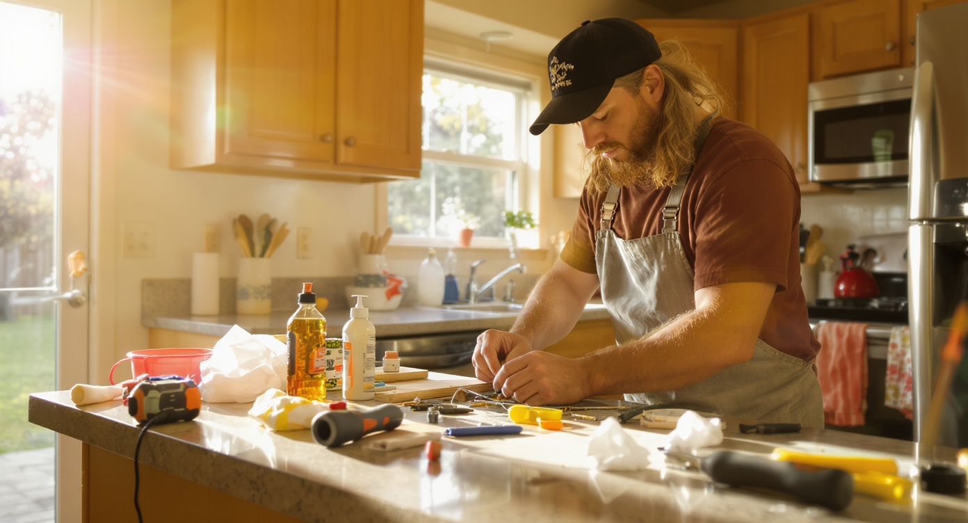 Homeowner conducting DIY repairs in a bright kitchen of a manufactured home, emphasizing independence.