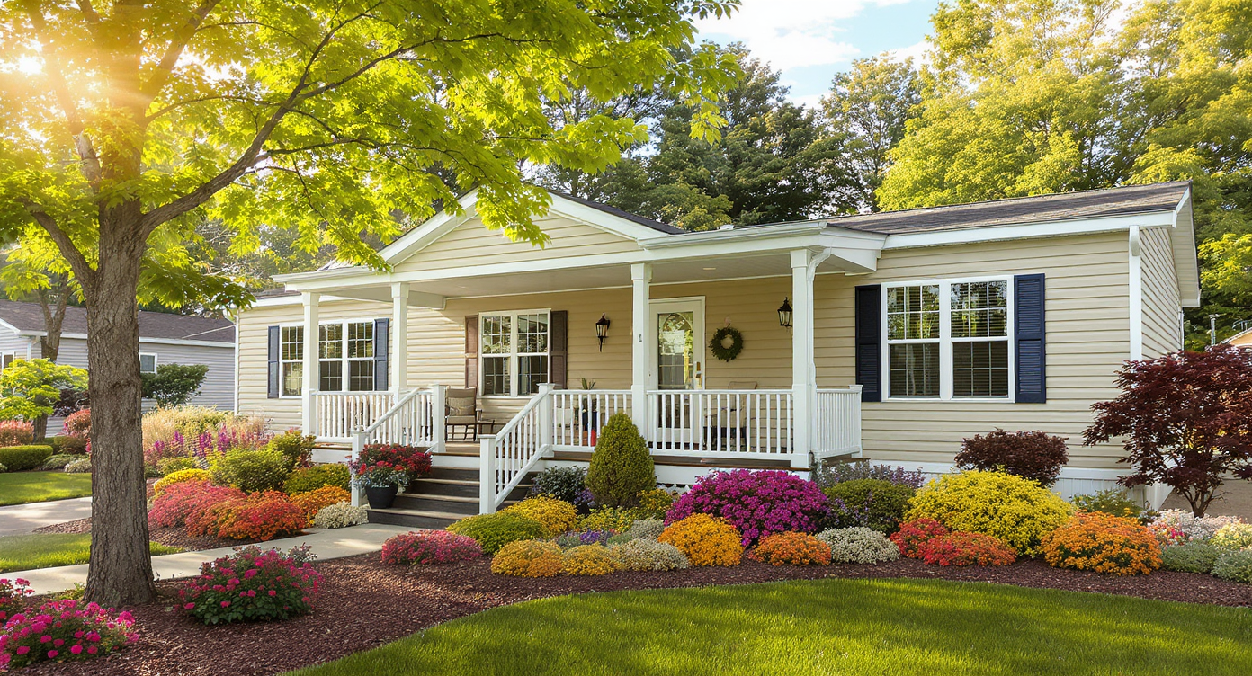 A charming manufactured home with a landscaped garden, emphasizing comfort and appeal.