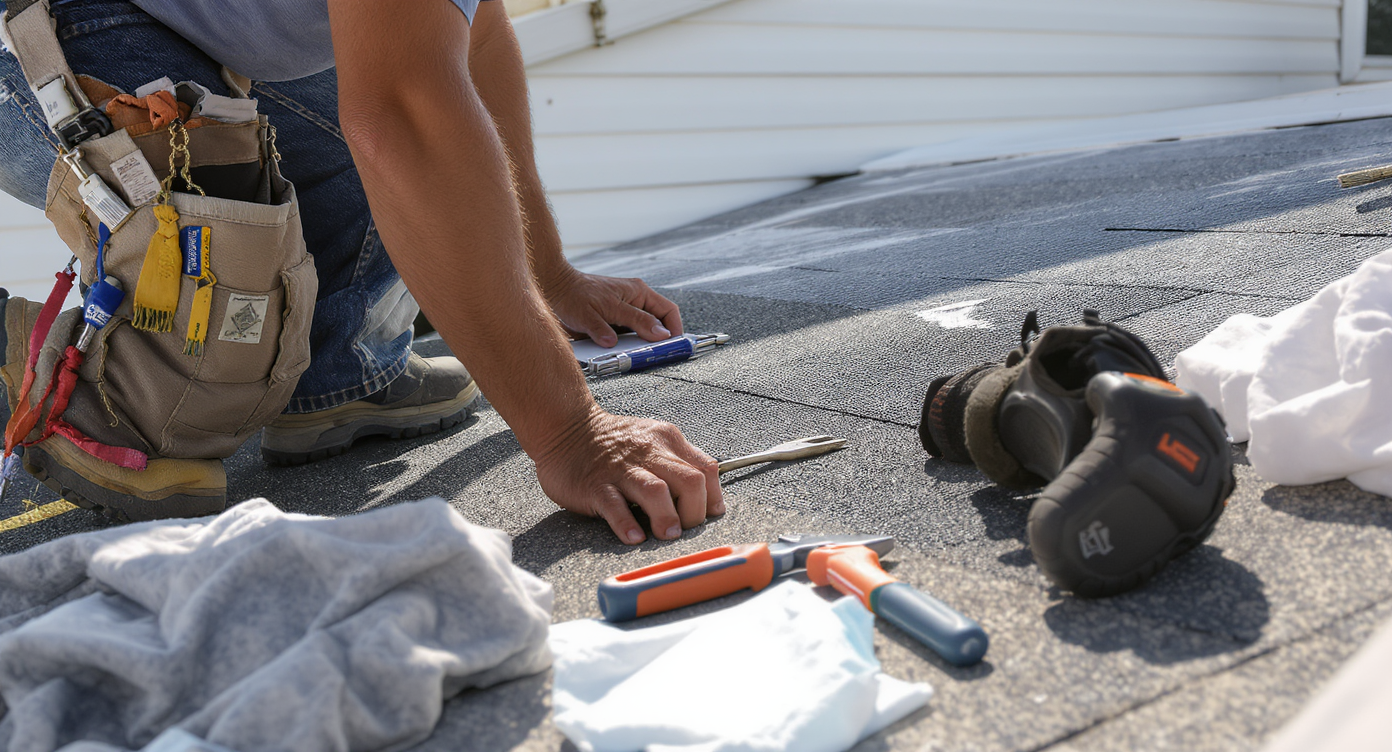 A homeowner assessing key repairs on the exterior of a manufactured home, emphasizing practical maintenance.