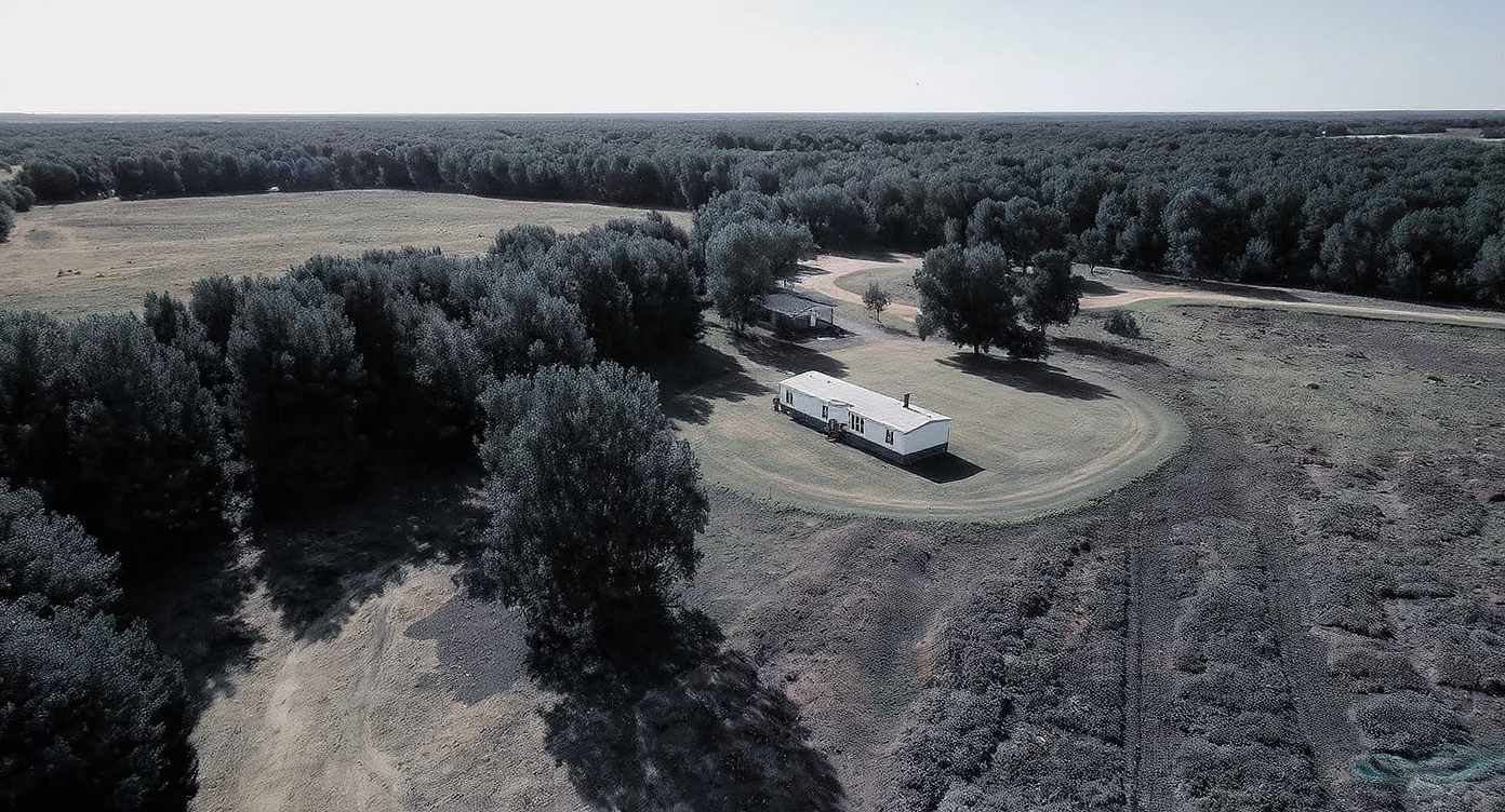 A manufactured home on a large plot of land, illustrating the benefits of owning land with a home.