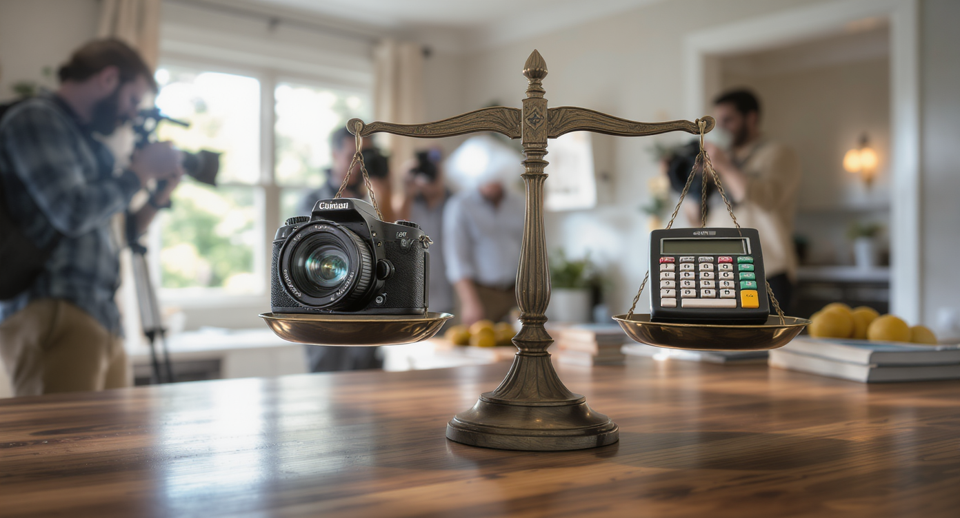A scale balancing a camera and a cash register, representing balance in premium rates and service volume.