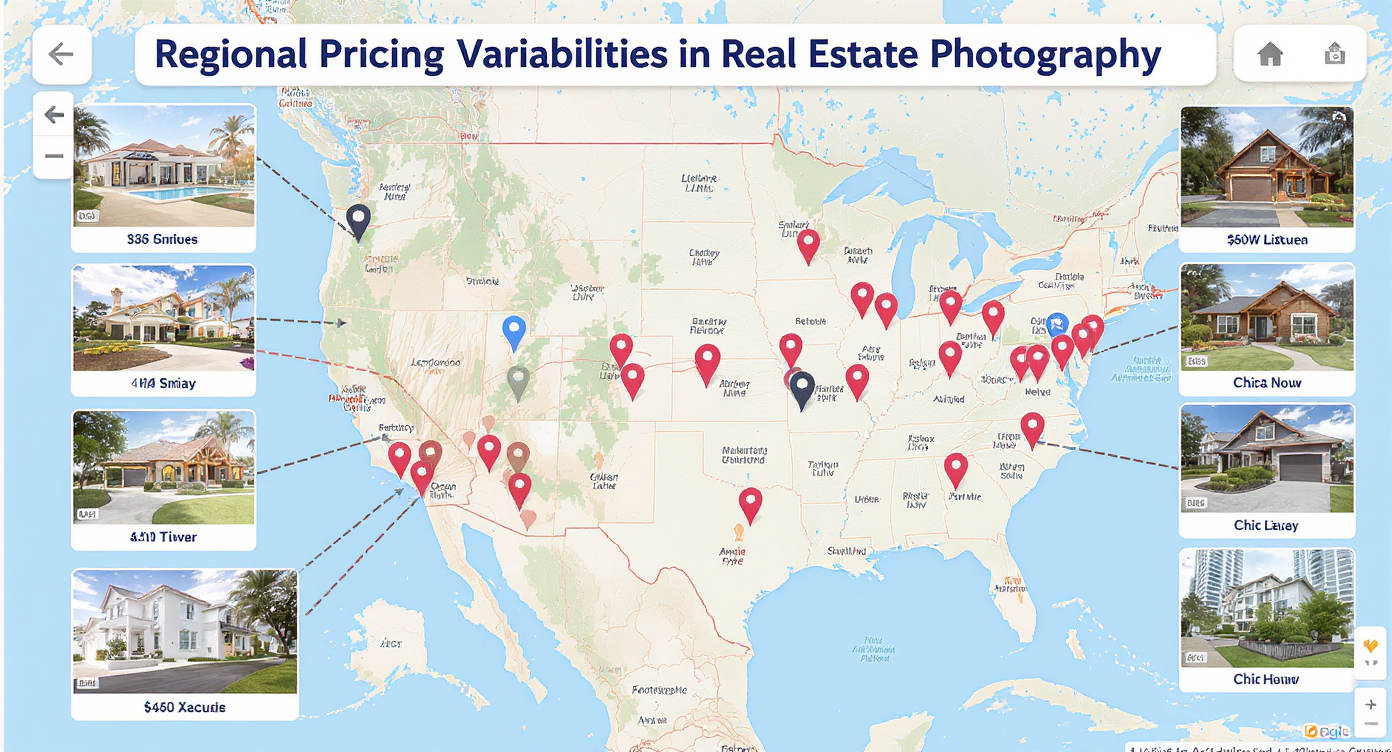 A map showing different regions with pins marking average real estate photography prices and local listings.