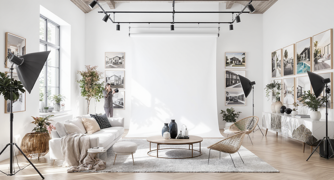 Modern real estate photography studio with large windows, stylish furniture, and photography backdrops.
