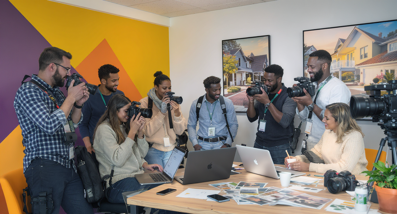 Diverse real estate photographers collaborating in a modern office with colorful decor and portfolios.