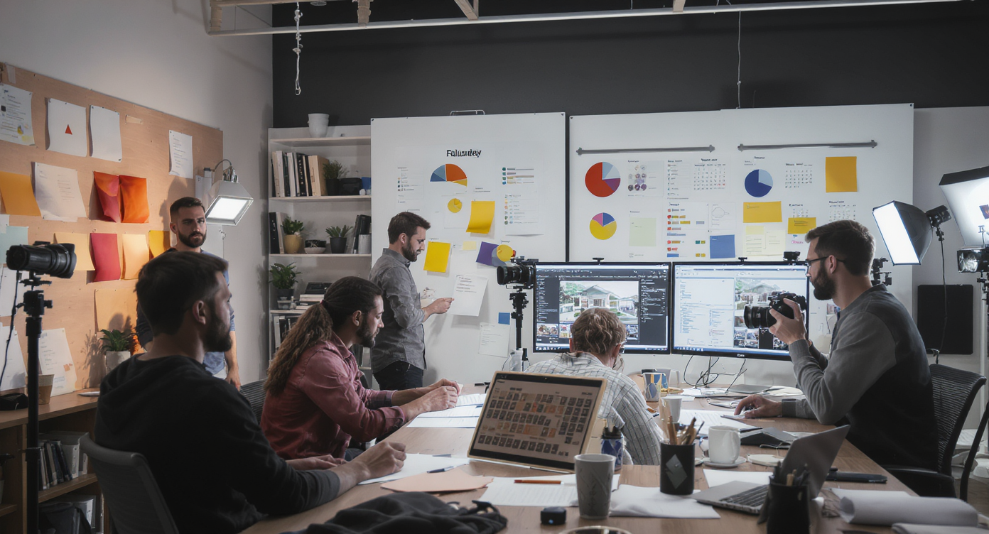 A photography team managing schedules and editing photos in a well-organized studio setting, showcasing efficiency.
