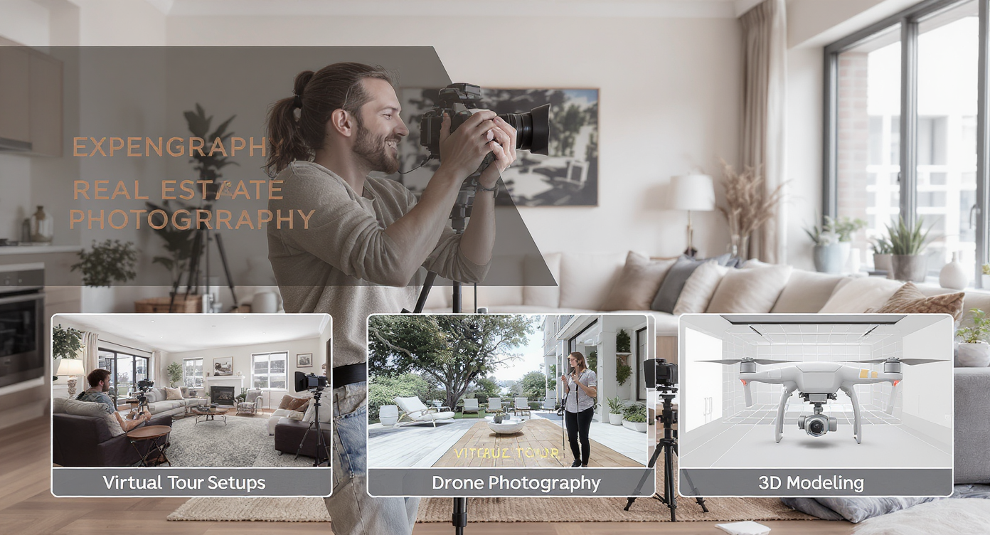 Photographer captures diverse services including virtual tours and drone photography in a stylish living room.