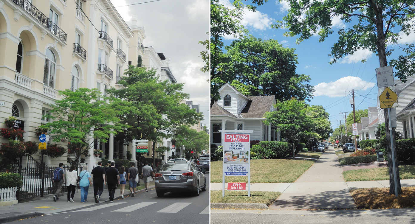 Split-screen image showing luxurious urban homes and modest suburban houses, representing income levels.
