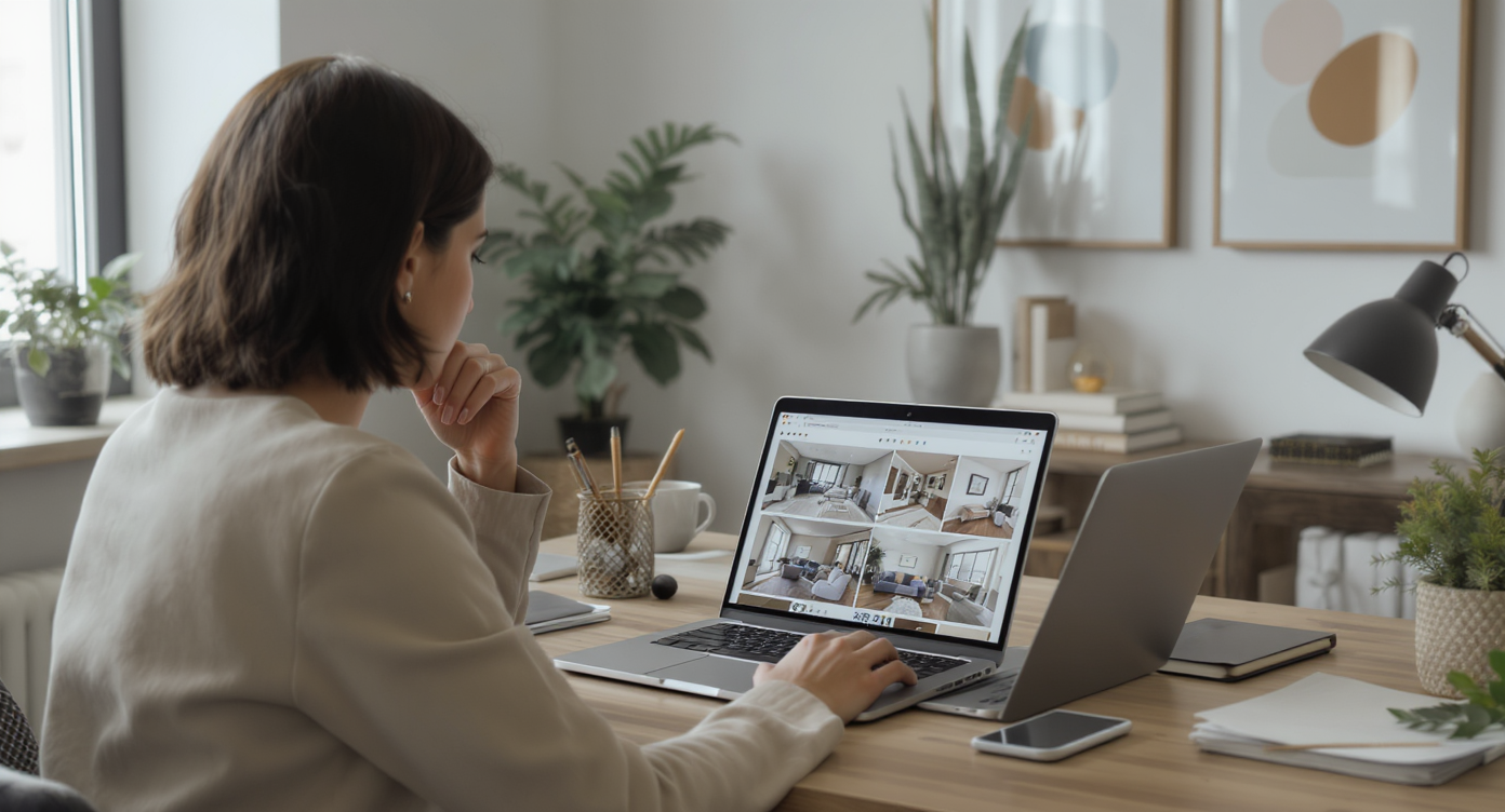 A real estate agent analyzing digital staging images on a laptop while seated at a modern desk.