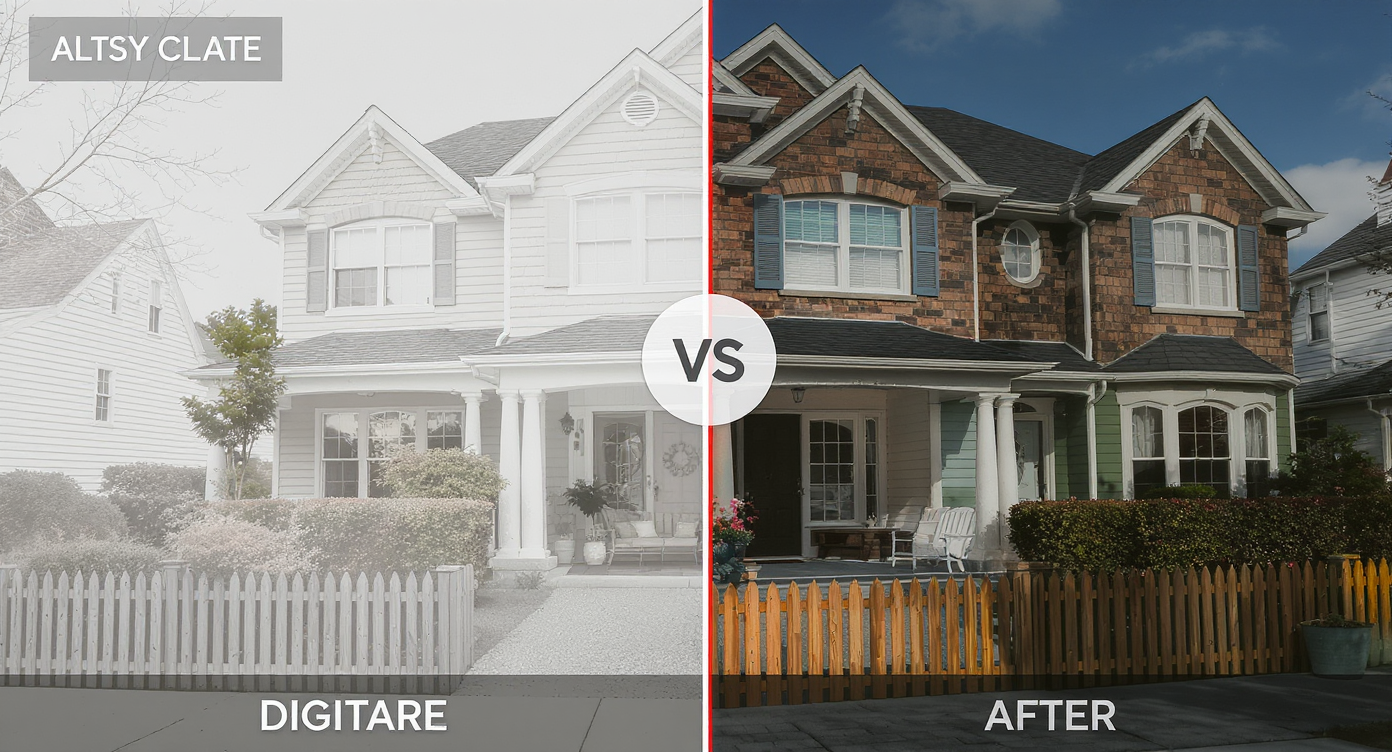 A split image comparing digitally altered real estate photos with standard untouched photographs side by side.