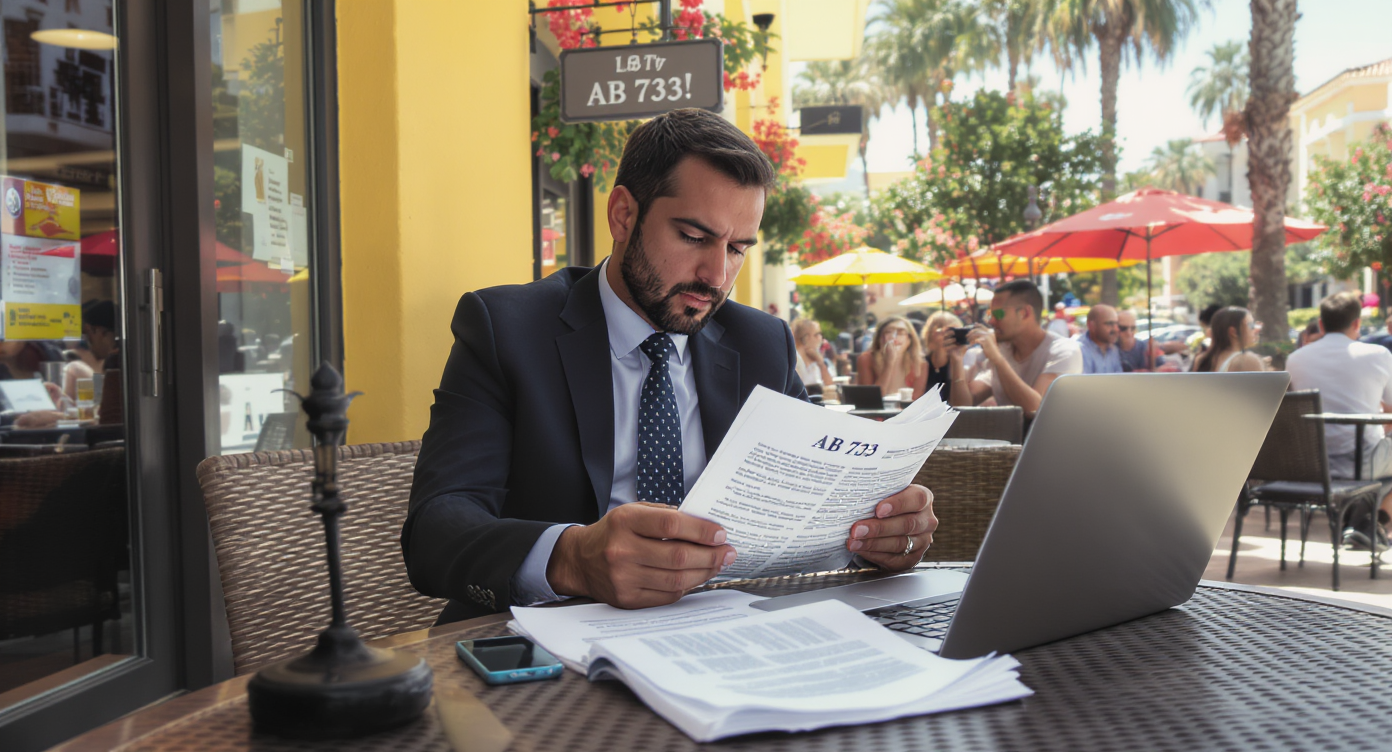 A real estate professional reading AB 723 at a cafe, with a laptop and legal documents on the table outdoors.