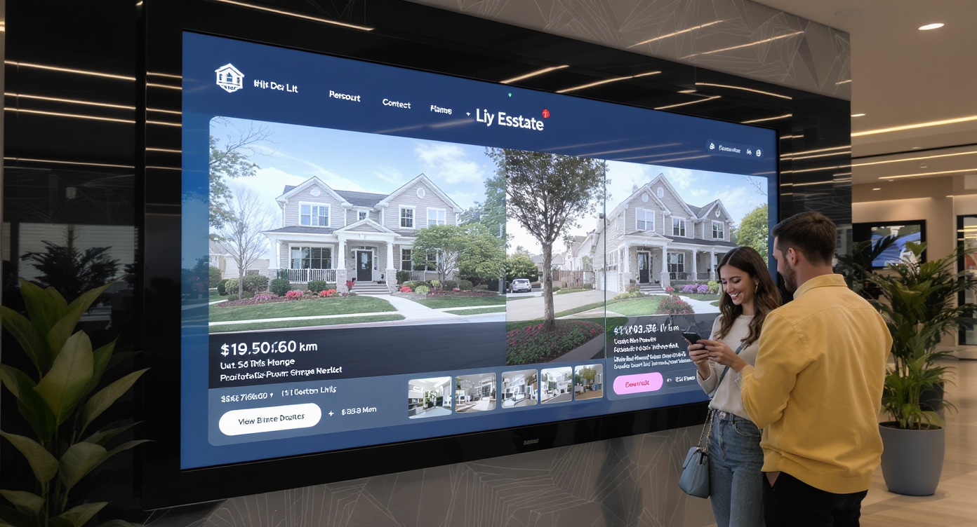 Modern digital advertising display highlighting original and altered property images for prospective buyers.