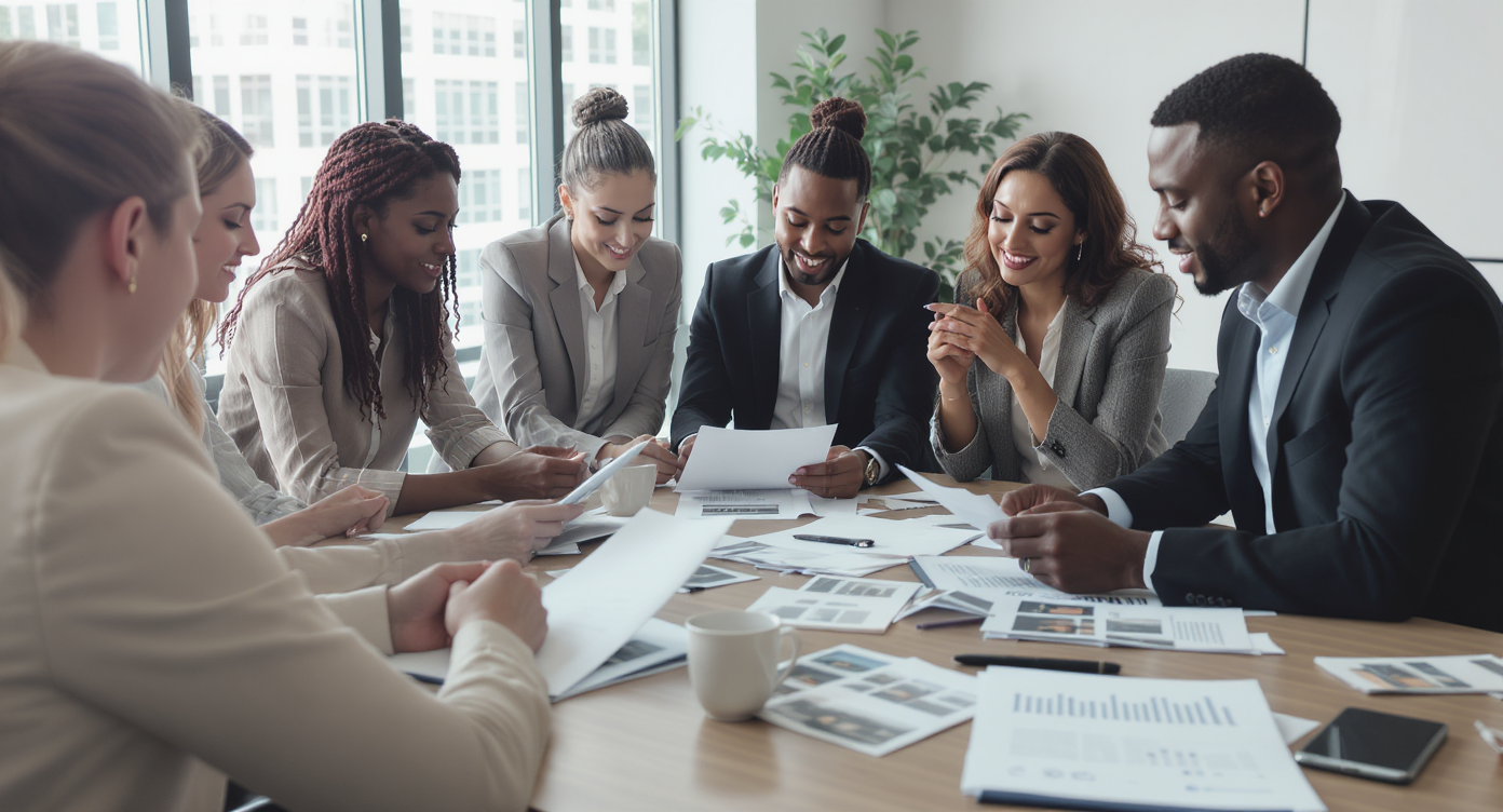A diverse team of real estate professionals collaborating over marketing materials in a conference room.